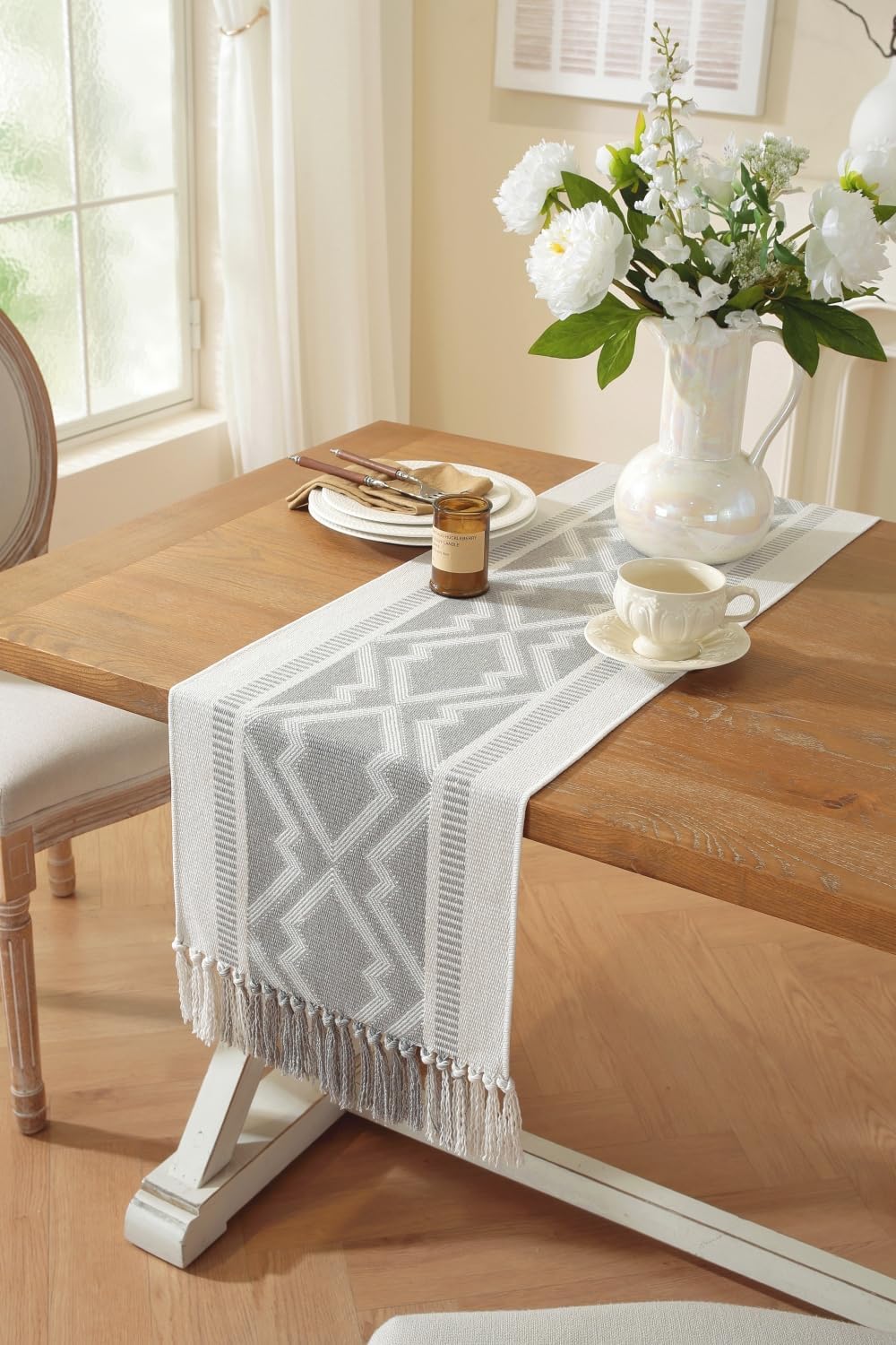 Boho Table Runner ， Natural Cotton Woven Gray Runner，for Modern Farmhouse Decor, with Tassels for Home Dining Table Decor 14 x 90 Inch Long