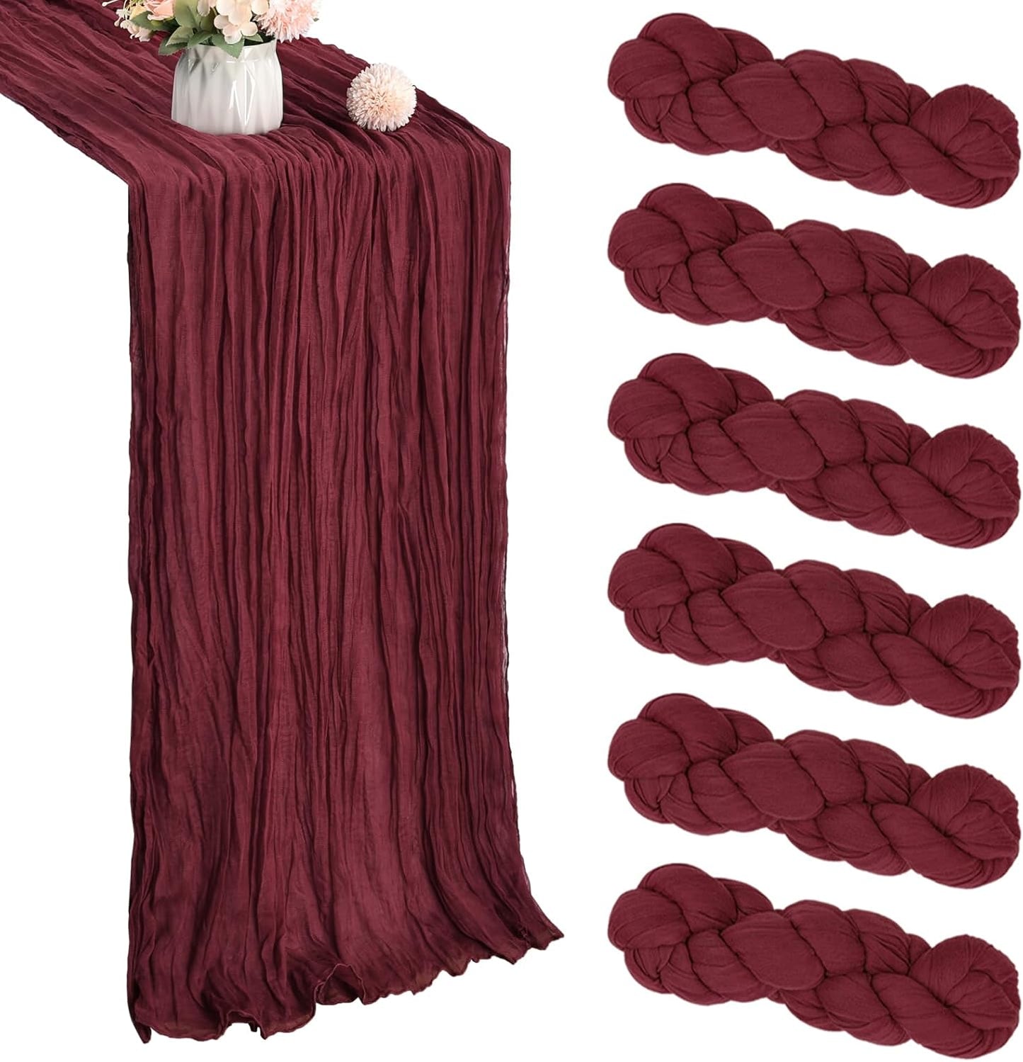 6 Pack 10FT Burgundy Christmas Cheesecloth Table Runner Table Runner 35x120 Inch Gauze Rustic Boho Cheese Cloth for Thanksgiving Wedding Decor Birthday Party Baby Shower Centerpiece Decoration
