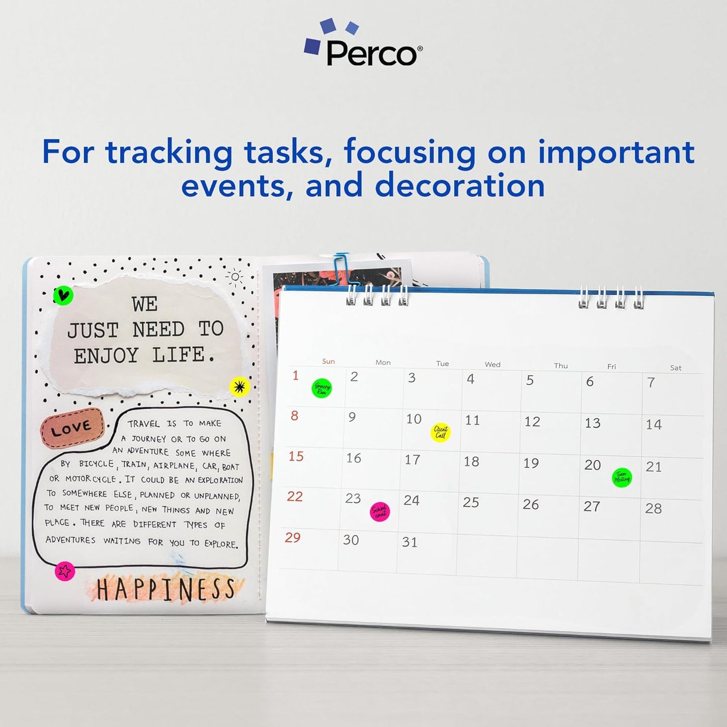Perco 1/2 Inch Perforated Circle Dot Sticker Labels — 10 Rolls, 30,000 Round Fluorescent Stickers (4 Green, 3 Yellow, 3 Pink)—with Permanent Adhesive for Calendars, Color Coding, Crafting—Made in USA