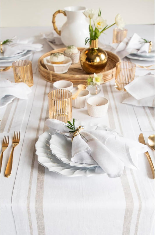 Solino Home Linen Table Runner 120 Inches Long - 100% Pure Linen Natural and White French Stripe Table Runner 14 x 120 Inch for Dining, Fall, Autumn, Thanksgiving