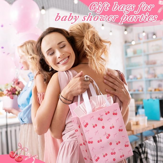 Supervitae 24 Pack Cherry Bow Birthday Gift Bags Red Pink Bow Cherry Medium Goodie Party Bags Spring Reusable Totes Non Woven Totes for Birthday Baby Bridal Shower Family Travel(9.8" x 7.9" x 3.9")