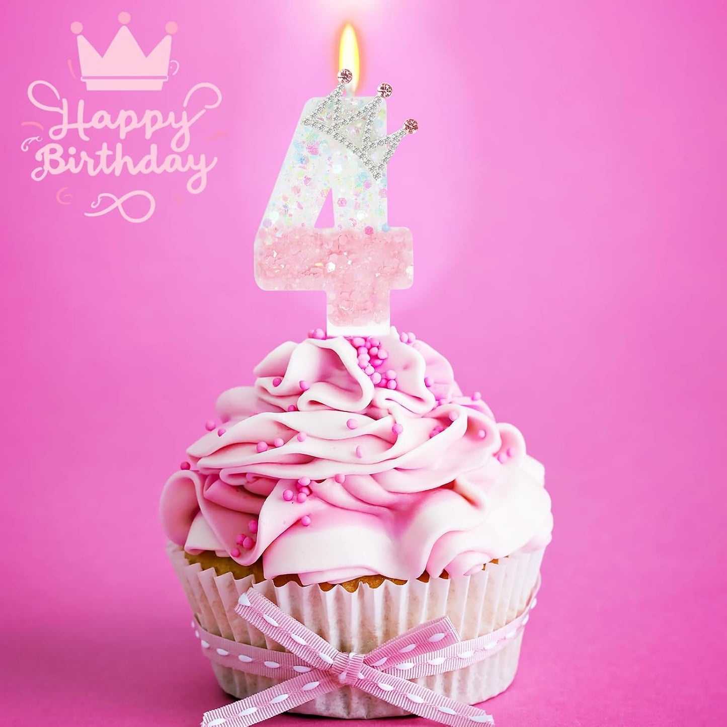 Pink White Number 4 Candle, Glitter Crown Cake Topper, Princess Birthday Party Decorations for Girls and Women Anniversary Celebrations Party Favors