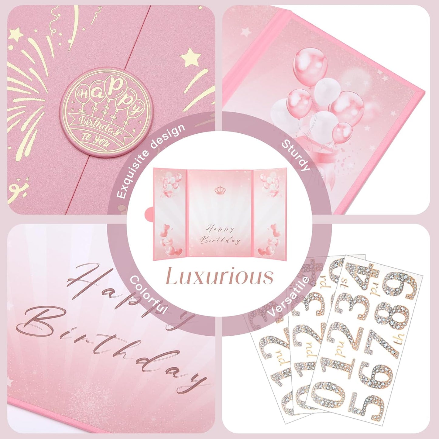 Pink Gold Birthday Party Decorations,18" x 12" Creative Birthday Decorations Guest Sign in Book Alternative, for Men and Women of All Ages, Happy Birthday Party Supplies