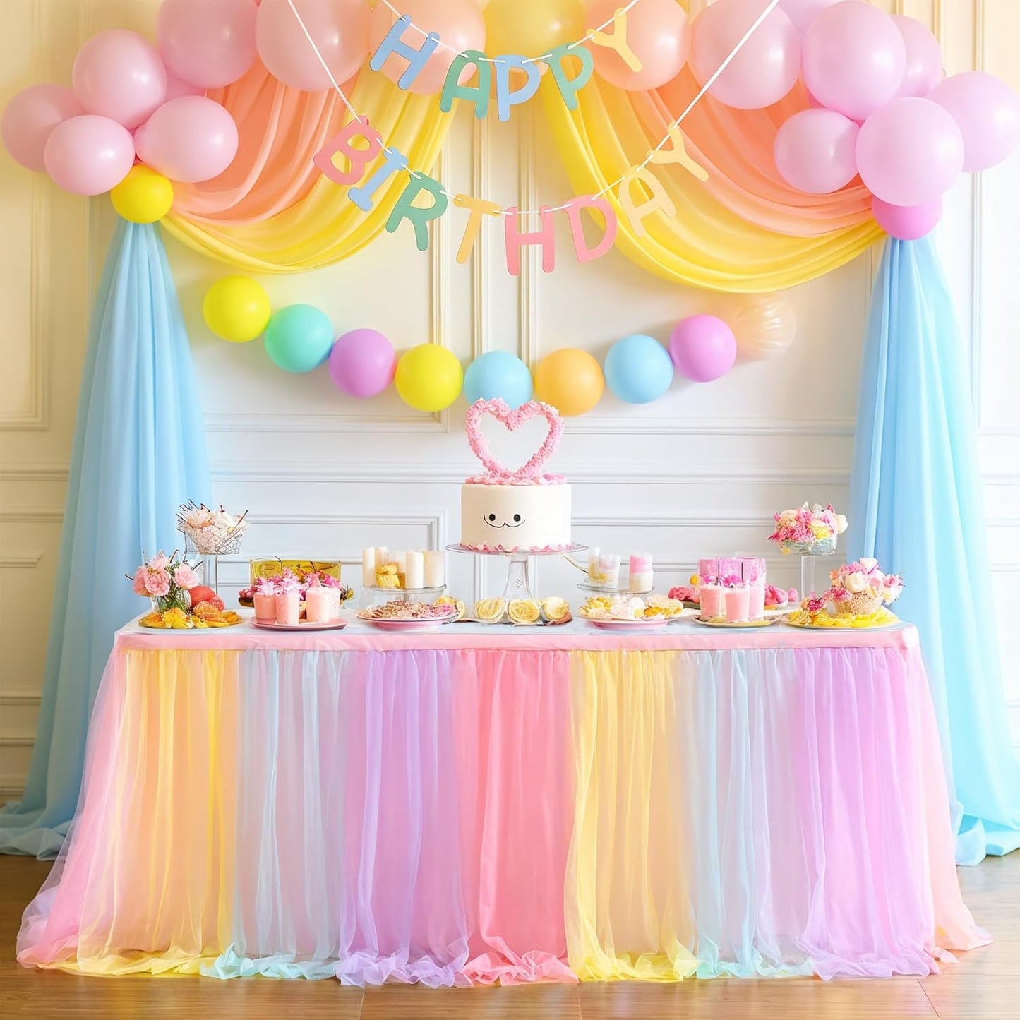 Rainbow Table Skirt for Baby Shower Girl Birthday Party 14ft Colorful Tulle Tutu Table Skirt Decorations for Gender Reveal Unicorn Theme Party Cake Dessert Decorations(L14(ft) H 30in, Rainbow)