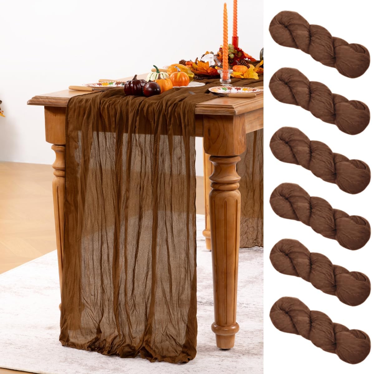 Brown Cheesecloth Table Runner Tan 6 Pack Fall Table Runners Boho Gauze 120 Inches Marron Cheese Cloth Fall Table Decorations for Thanksgiving Wedding Bridal Baby Shower Tea Party Decor