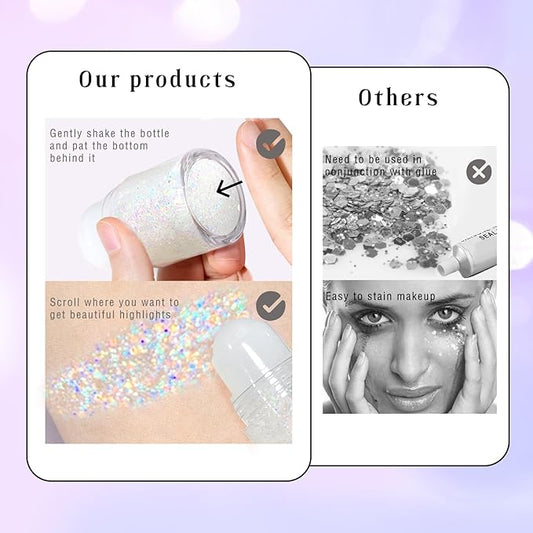 HOSAILY Roll-on Holographic Body Glitter Gel for Face Hair, Chameleon Color Changing Glitter Gel Under Light, Chunky Mermaid Sequins Festival Party Rave Accessories Shimmer Makeup (13# Dazzle)