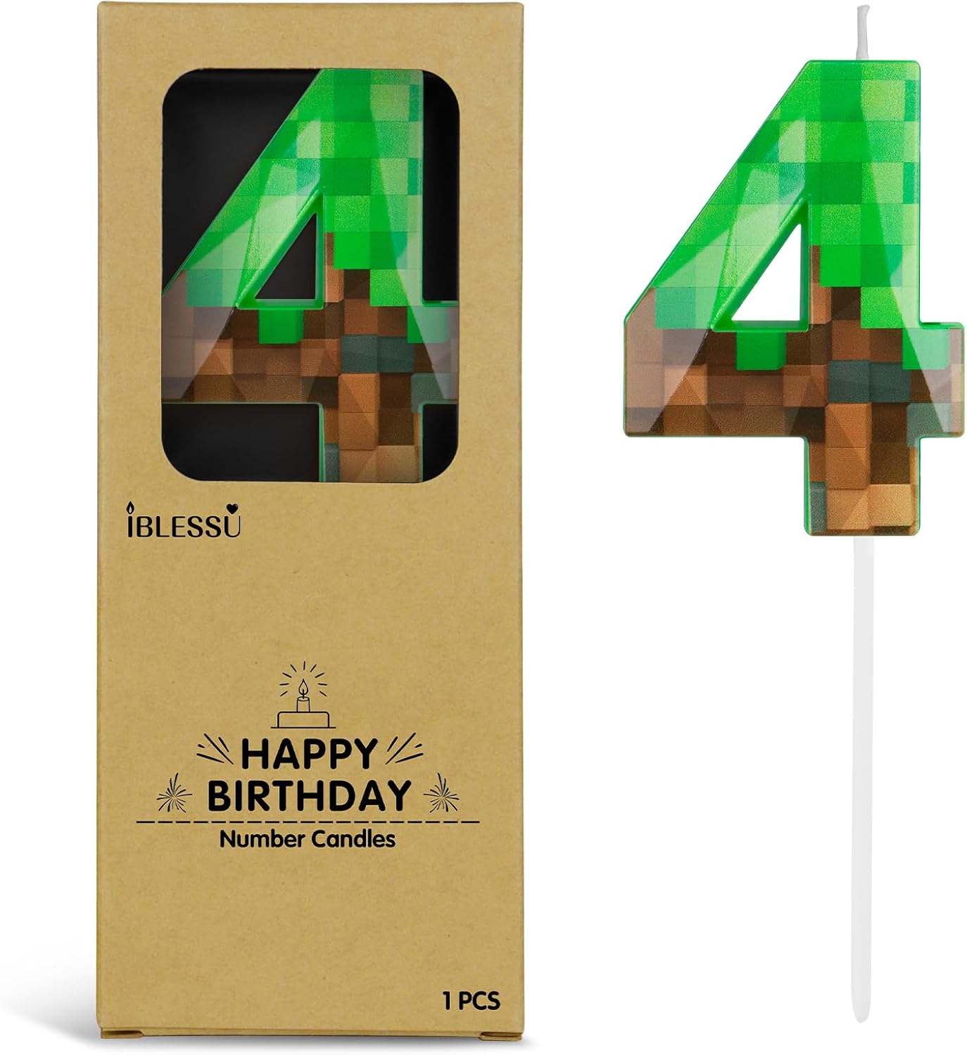 Pixel Birthday Candle, 2.68 Inch Miner Number Candles, Game Themed Candle Birthday Decoration for Pixel Theme Birthday Anniversary Dynamite Video Game Party (Green, 4)