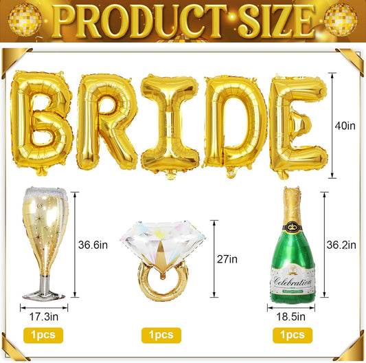 40inch Bride Balloons Gold Letters Banner, Bachelorette Party Decorations Set with Diamond Ring Champagne Bottle Balloon Glass Foil Balloon for Gold Bachelorette Engagement Wedding Bridal Shower Decor
