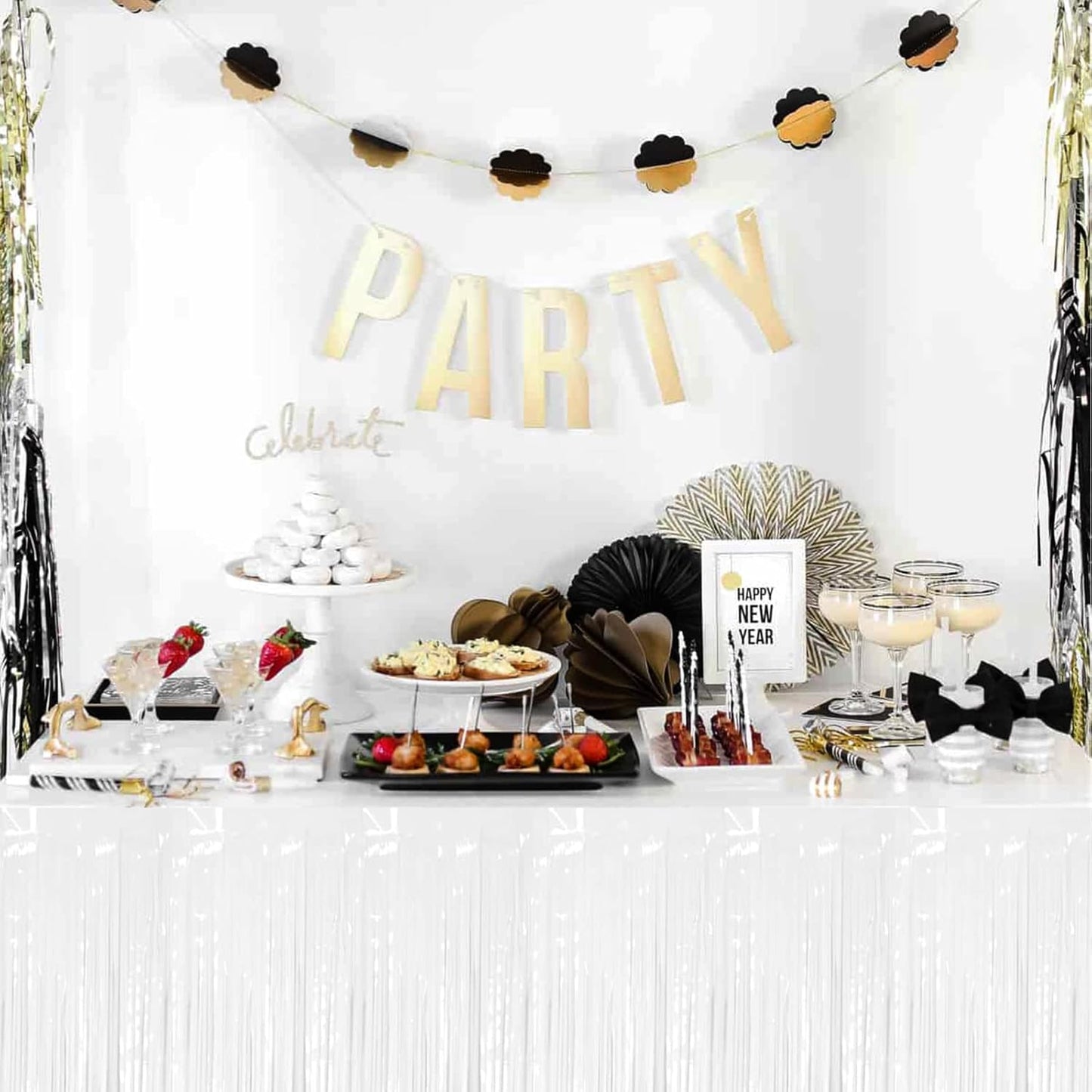 6 Pack 29x108 Inch White Metallic Foil Fringe Table Skirts Banner for Tinsel Streamer Garland Curtains Backdrop for Parade Floats Wedding Baby Shower Birthday Christmas Halloween Party Decoration