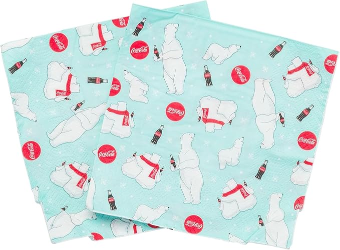 Silver Buffalo Coca-Cola Polar Bears Christmas Tree 32 Pack Partyware Disposable Paper Plates and Napkins
