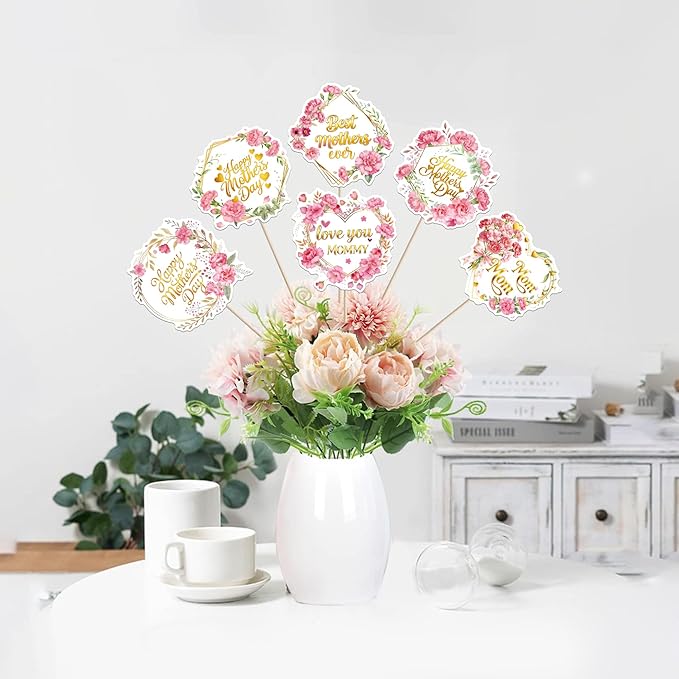 18 PCS Happy Mother's Day Centerpiece Sticks Double Sided Rose Flowers Love Mom Table Centerpieces Best Mom Floral Decorations for Happy Mother's Day Theme Women Birthday Party Centerpieces Supplies