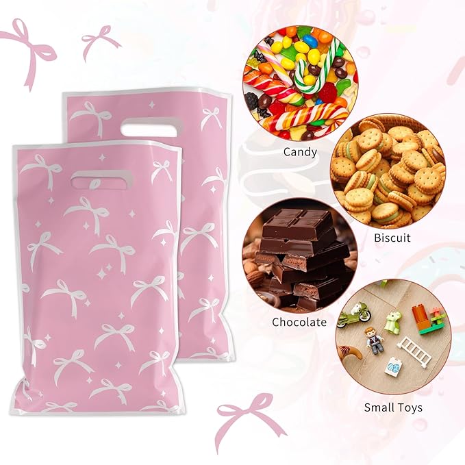ARPOVIST 100 Pcs Pink Bow Gift Bags,9.8" x 6.5" Coquette Plastic Goody Bag with Handles for Baby Shower, Bridal, Birthday, Bachelorette, Engagement, Wedding,Candy Treat Bags Bulk