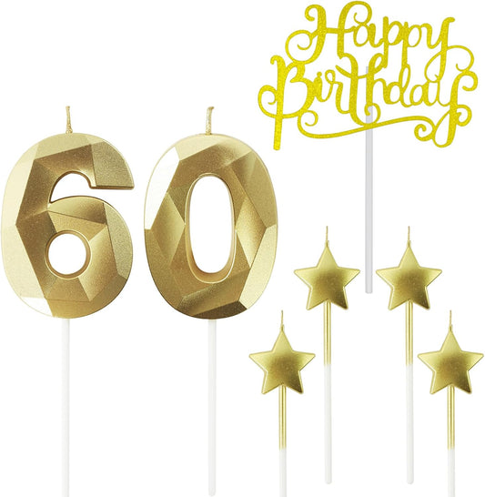 Golden Number 60 Birthday Candles and Star Birthday Candles 2.76 inch Birthday Cake Candles 3D Diamond Shaped Candles are Suitable for Birthday Parties and Anniversary Cake Decorations Candles