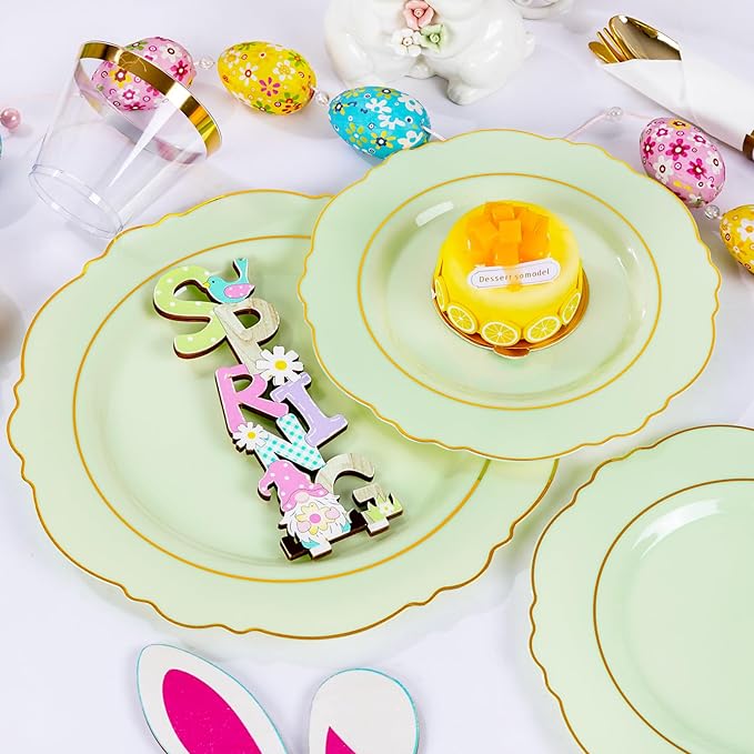 Liacere 175PCS Light Green Plates - Disposable Green and Gold - 25guest Baroque Dinnerware include 50Plates,25Pack Pre Rolled Napkins with Silverware 25Cups for Mother's Day&Easter Day