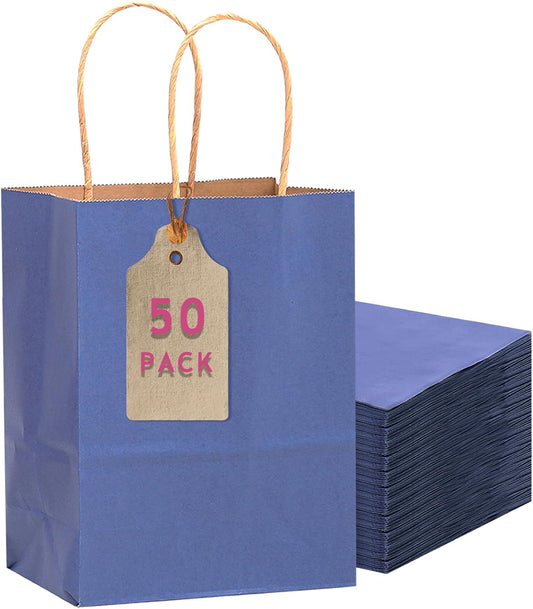 qiqee 50-Packs Kraft Deep Blue Paper Gift Bags with Handles Bulk 11"x8.3"x4.3" Medium Size Paper Bags Multiple Uses