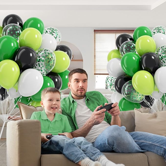 60pcs 12inch Green and Black Balloons, Black White Lime Green Confetti Balloons for Football Theme Party Baby Shower Video Game Birthday Decorations