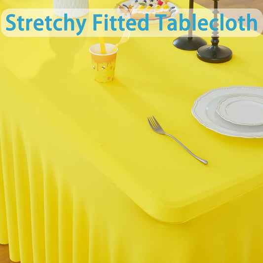 3 Pack Yellow Spandex Tablecloth for 6 Foot Rectangle Tables, Wrinkle Free Fitted Table Cloth Cover 6ft Yellow Stretchy Tablecloths with Skirt for Parties Weddings Birthday Banquet Baby Shower