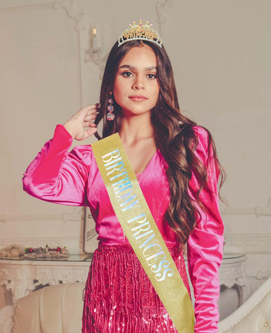 Wecoe Gold Birthday Crown and Sash: Women's Princess Crown with Rhinestone Tiaras & Sash - Happy Birthday Party Favors & Decorations for Adult Women Celebrants