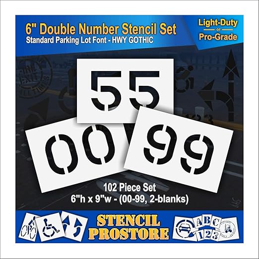 Pavement, Curb, and WheelStop Stencils - 6 inch Double Number Stencil Set - (00-99) - (102 Piece) - 6" x 9" x 1/8" (128 mil) - Pro-Grade