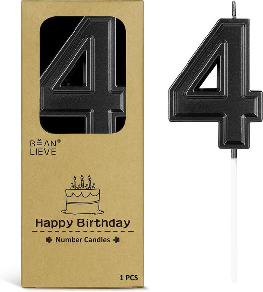 BEAN LIEVE Black Birthday Candles Number 4, Black Number Candles, Cake Number Candles for Birthday Parties and Wedding Anniversary Celebrations