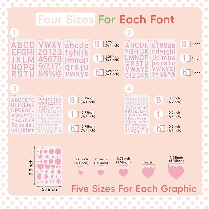 Patemby 1/2, 3/4, 1, 5/4 Inch Small Letter Stencils for Painting, 43 Pack Crafts Reusable Plastic Letter Templates 6 Different Font with Tiny Number & Alphabet Stencil for DIY Crafts Art Projects