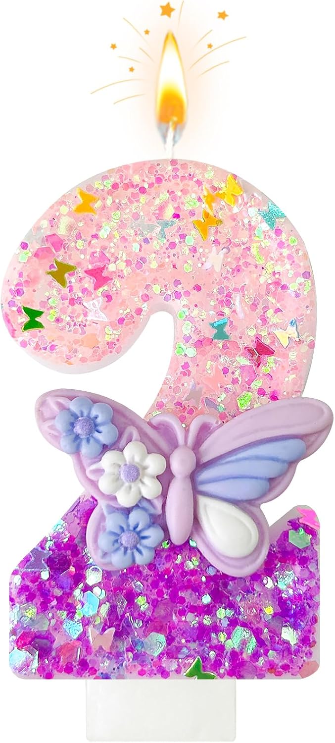 HXOUSE Butterfly Number 2 Birthday Candles - Pink & Purple Butterfly Birthday Candles for Cake, 2 Candle Topper for Anniversary Celebrations Supplies, Fairy Party Decorations for Girl (Number 2)