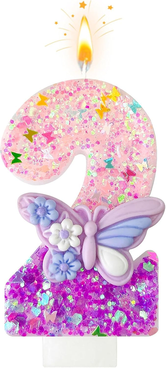 HXOUSE Butterfly Number 2 Birthday Candles - Pink & Purple Butterfly Birthday Candles for Cake, 2 Candle Topper for Anniversary Celebrations Supplies, Fairy Party Decorations for Girl (Number 2)