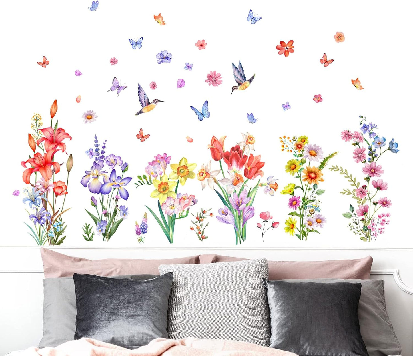 Watercolor Flower Wall Decals Stickers Birds Butterfly Floral Wall Stickers Removable Wildflower Wall Decor for Summer Girls Bedroom Living Room Nursery Decoration