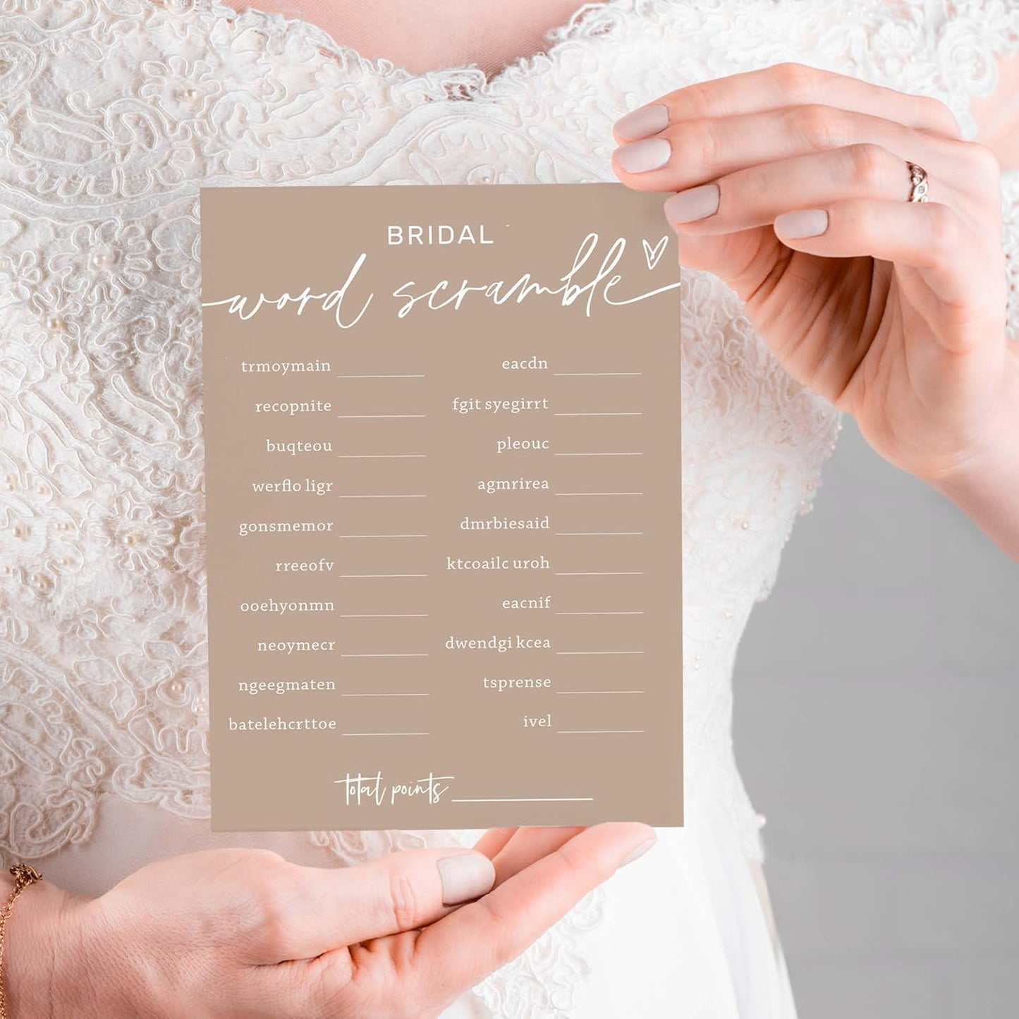 Bridal Shower Games Cards, Bridal Word Scramble, 25 Game Cards with 1 Answer Card, Engagement Party Wedding Games for Guests, Minimalist Brown Wedding Party Supplies - D14