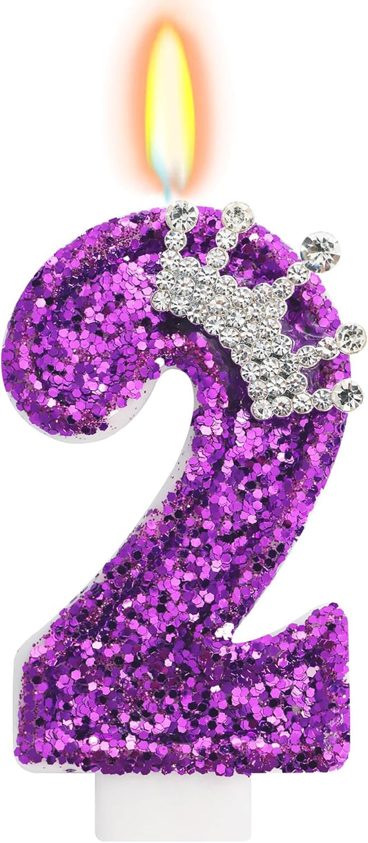 Birthday Candle for Cake, Crown Purple Number Candles, 2.76 inch Cake Topper Decoration for Birthday Party (Number 2)