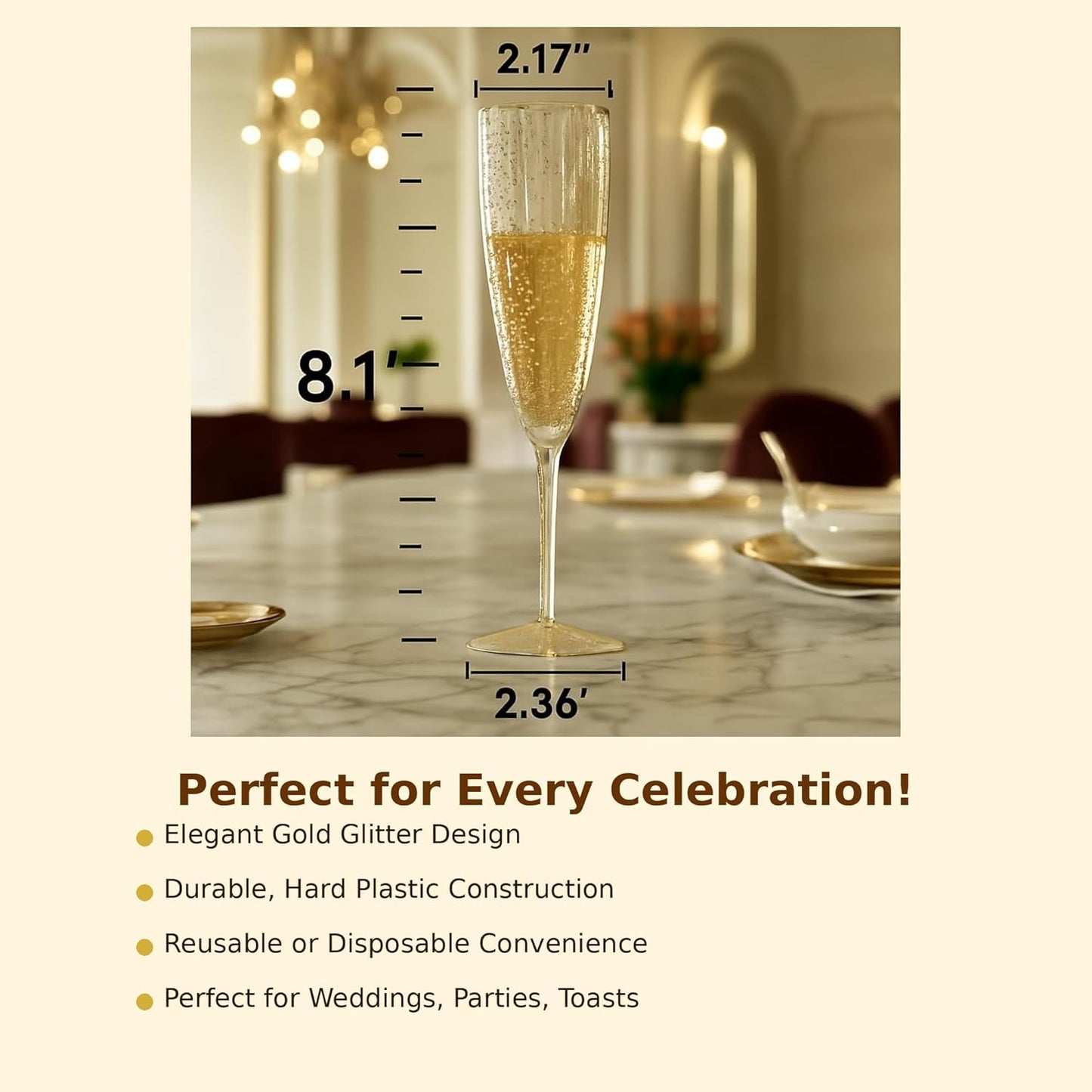 Oojami 6 Oz Gold Glitter Plastic Champagne Glasses 24 Pack Hard Disposable Plastic Champagne Flute Ideal for Home Daily Life Party Wedding Toasting Drinking Champagne Reusable Party Supplies