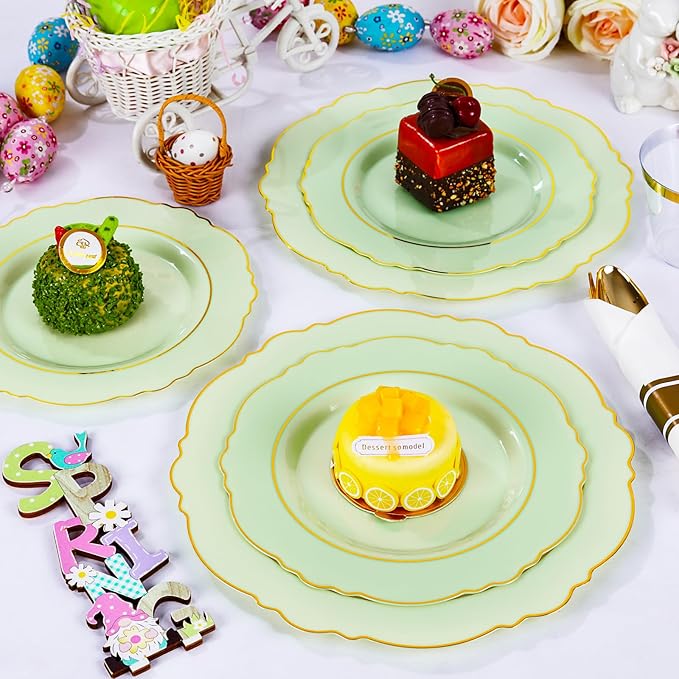 Liacere 175PCS Light Green Plates - Disposable Green and Gold - 25guest Baroque Dinnerware include 50Plates,25Pack Pre Rolled Napkins with Silverware 25Cups for Mother's Day&Easter Day