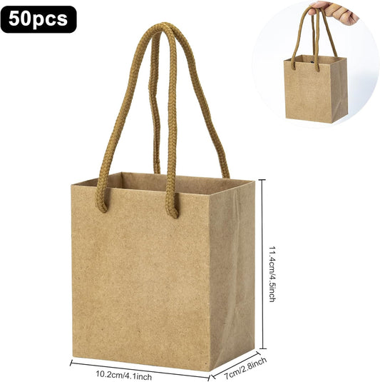 driew Small Brown Gift Bags 50 Pcs, 4" x 2.8" x 4.5" Min Thick Kraft Paper Bags Bulk with Brown Handles Set for Wedding Party Birthday Gathering Baby Shower