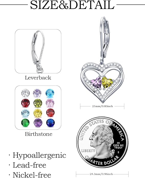 Valentines Day Gifts for Women, Heart Leverback Earrings Double Birthstone Dangle Earrings for Women, Love Jewelry for Her, Anniversary Birthday Gift for Mom Wife Girlfriend