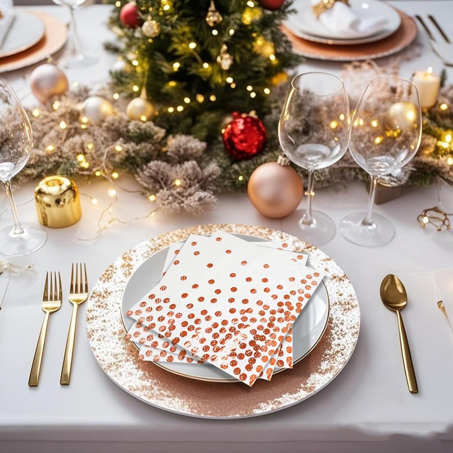 100 Pcs Unfold Size 13x13 Inch Disposable White Rose Gold Dot Paper Napkins