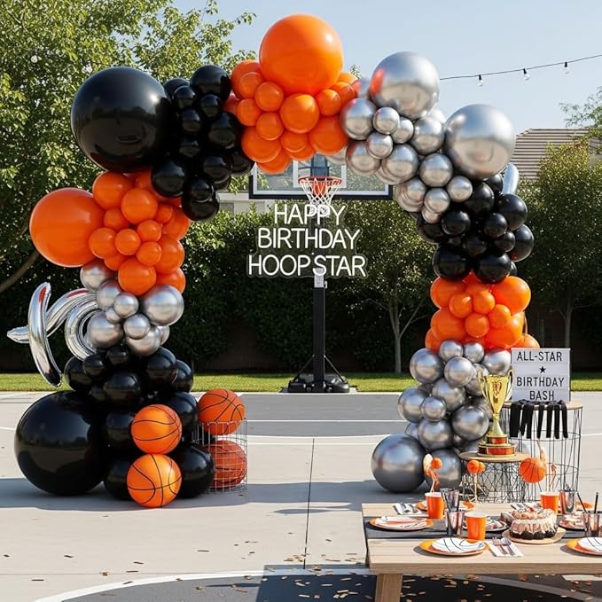 133pcs Orange Black Silver Balloons Garland for Halloween Decorations, Graduation, Basketball Theme Decorations, Party Backdrop, Birthday, Haunted House, Trick or Treat Party Supplies