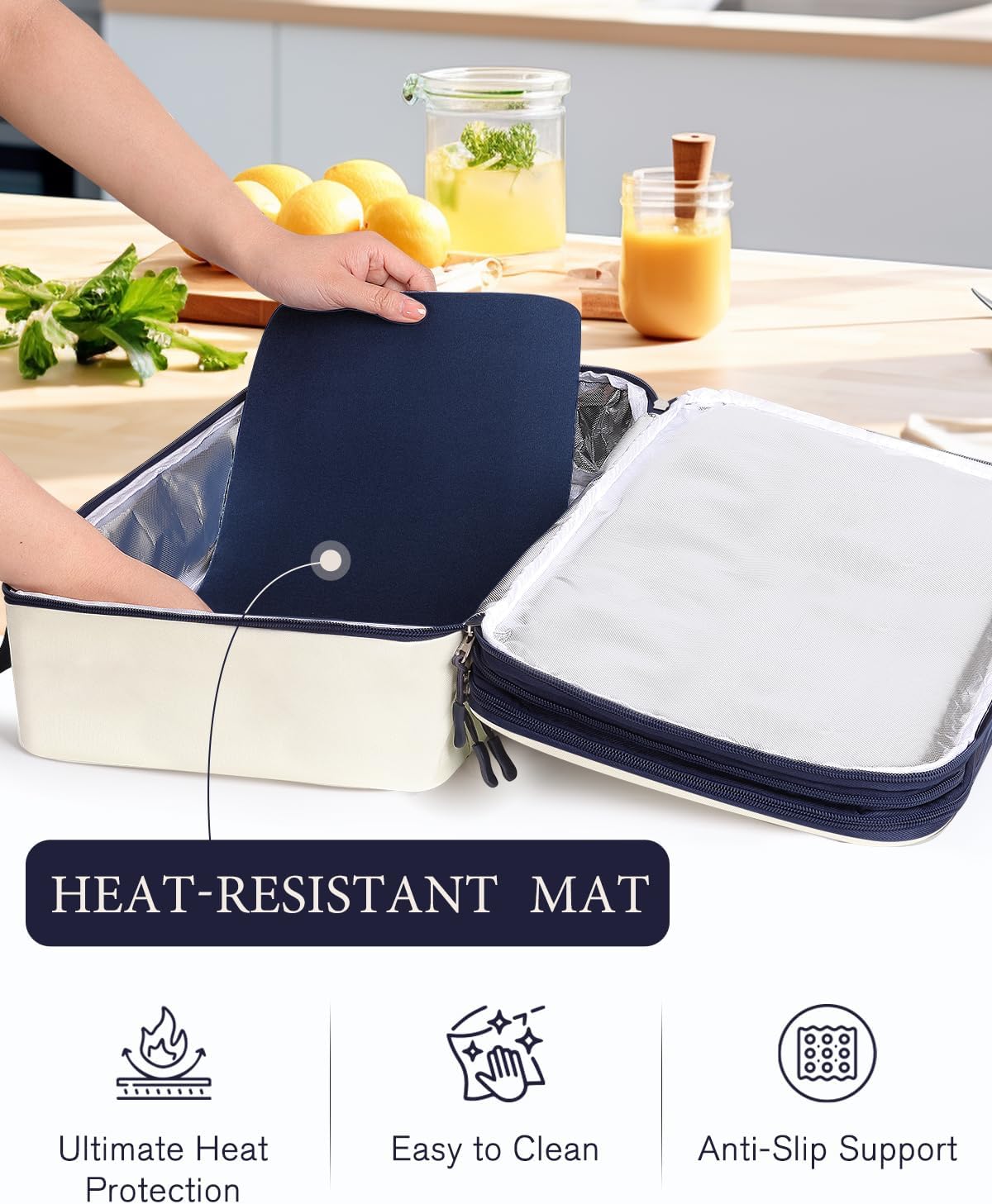 Insulated Casserole Carrier for Hot or Cold Food 9x13 - Double Deck Food Container Bag Warmer with Heat-Resistant Mat for Potluck Parties Picnic Cookouts Fits 9" x 13" Casserole or Baking Dish