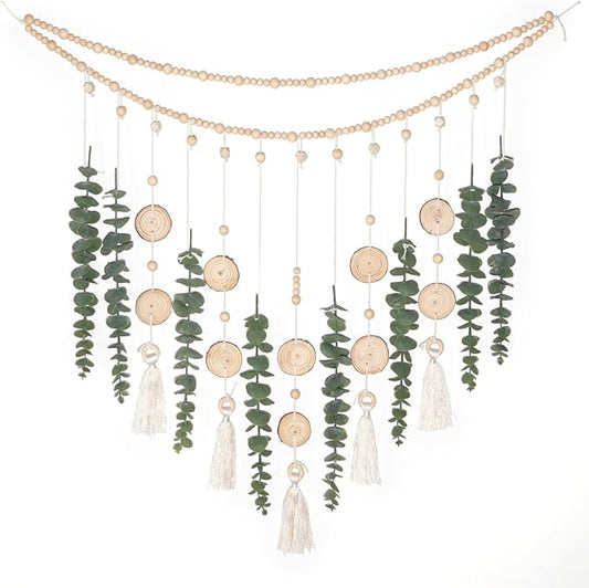 Artificial Hanging Eucalyptus Wall Decor Fake Greenery Leaves Wall Hanging Plants on Long Wooden Beads Garland Wall Art Large Boho Rustic Farmhouse Decor for Bathroom Bedroom Living Room Sage Green
