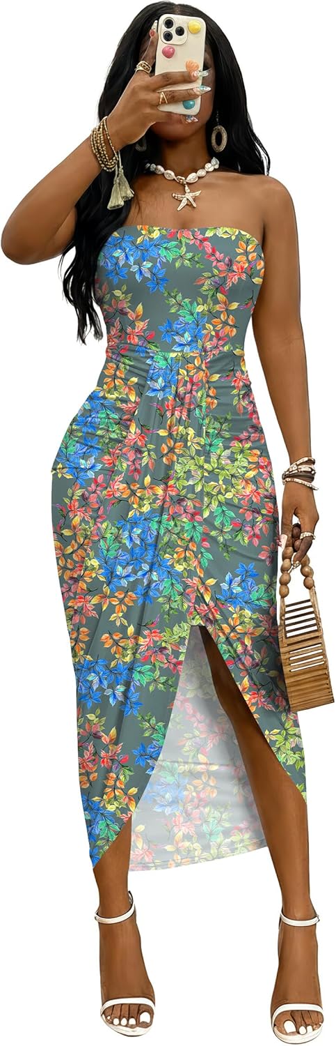 Umenlele Women's Strapless Ruched High Waist Wrap Split Asymmetrical Beach Maxi Long Dress