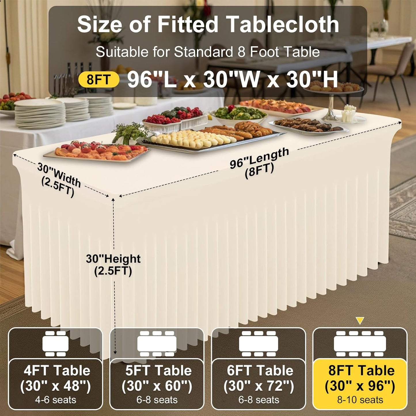 Smiry Spandex Tablecloth 2 Pack, Elastic Fitted Stretch Tablecloth for 8FT Rectangle Tables, Waterproof Washable Table Cover Skirt for Outdoor, Wedding, Banquet & Parties (Beige, 96Lx30Wx30H Inch)