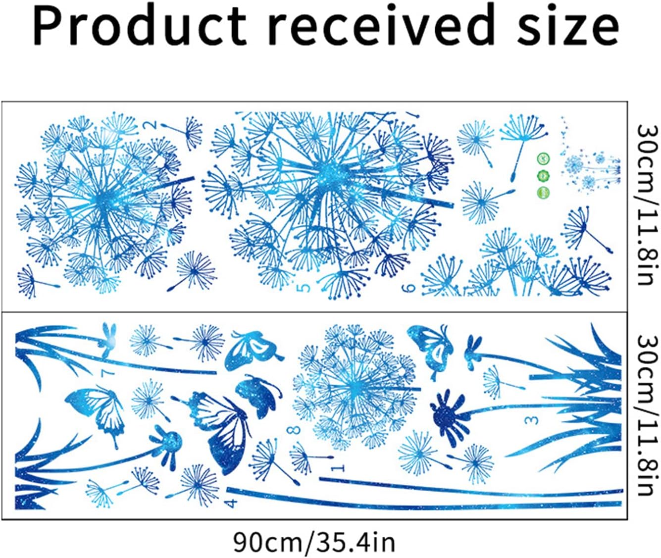 2 Set Dandelion Wall Decals - Blue Flower Stickers, Murals, Butterflies Decor for Bedroom, Office, Bathroom, Living Room - Floral Removable Peel and Stick Room Decoration