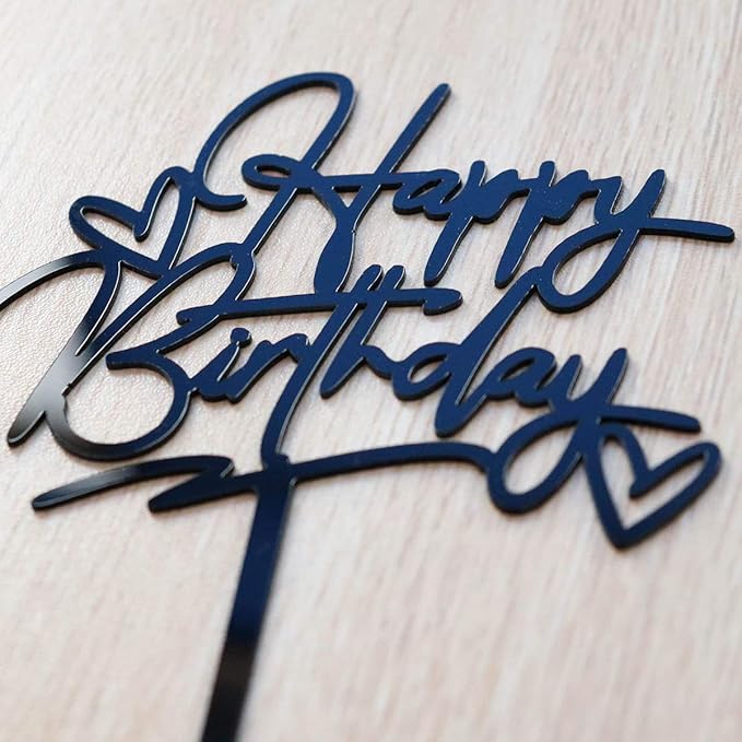 Happy Birthday Cake Topper - Birthday Party Decorations, Black Acrylic