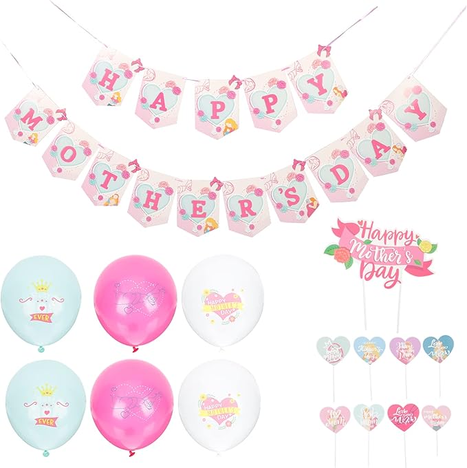 LUOZZY Mothers Day Party Decorations Kit with Balloons Banners Cake Toppers for Festive Scene Setup and Celebration