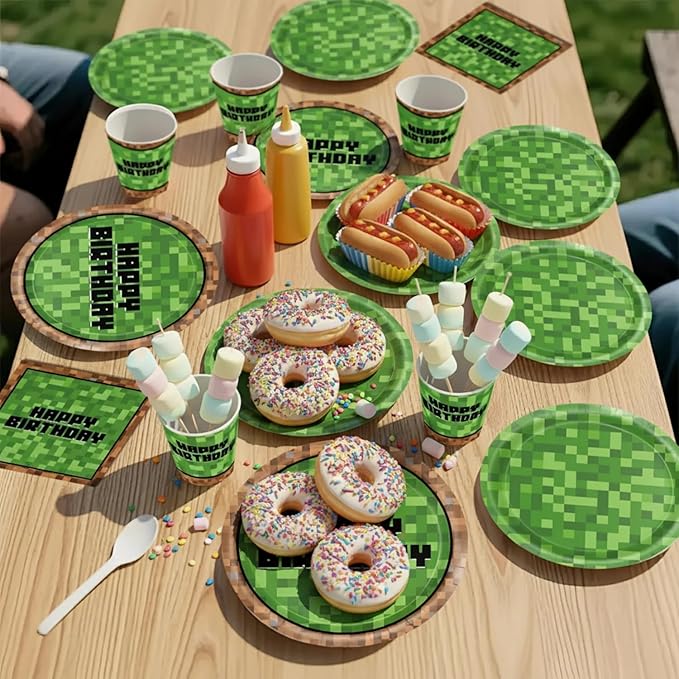 168Pcs Pixel Birthday Decorations, Includes Plates Napkins Cups Knives Forks Spoons, Pixel Party Decorations, Serve 24