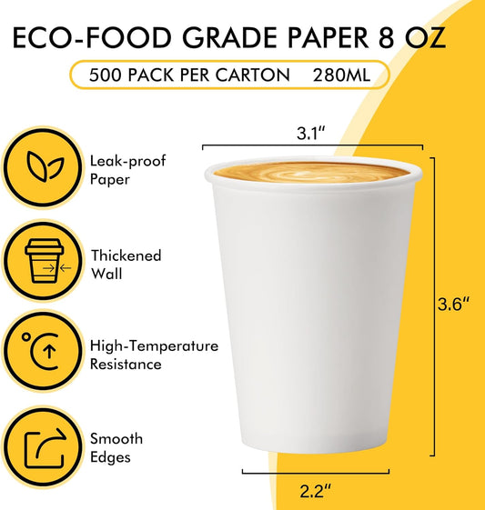 RACETOP 8 oz Disposable Coffee Cups [500 pack], Hot Coffee Cups 8 oz, Ideal for Office, Home, Party(500 pack)