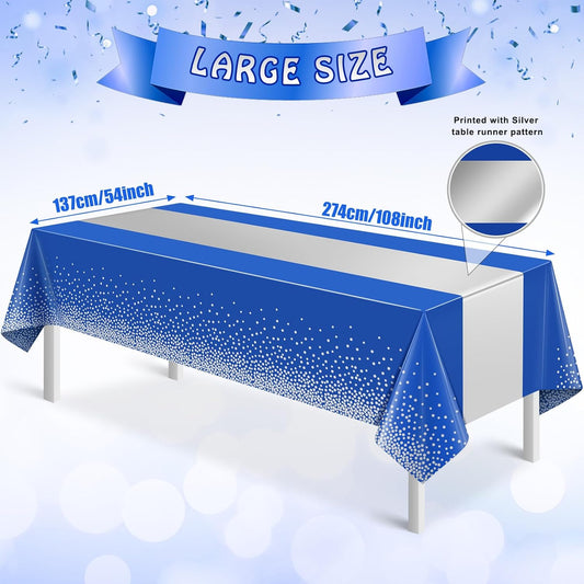 3Pcs Blue and Silver Tablecloth Party Decorations,Plastic Royal Blue Table Cloth Printed Silver Table Runner Disposable Rectangle Tables Cover for Anniversary Wedding Graduation 2025 Party,54x108 Inch