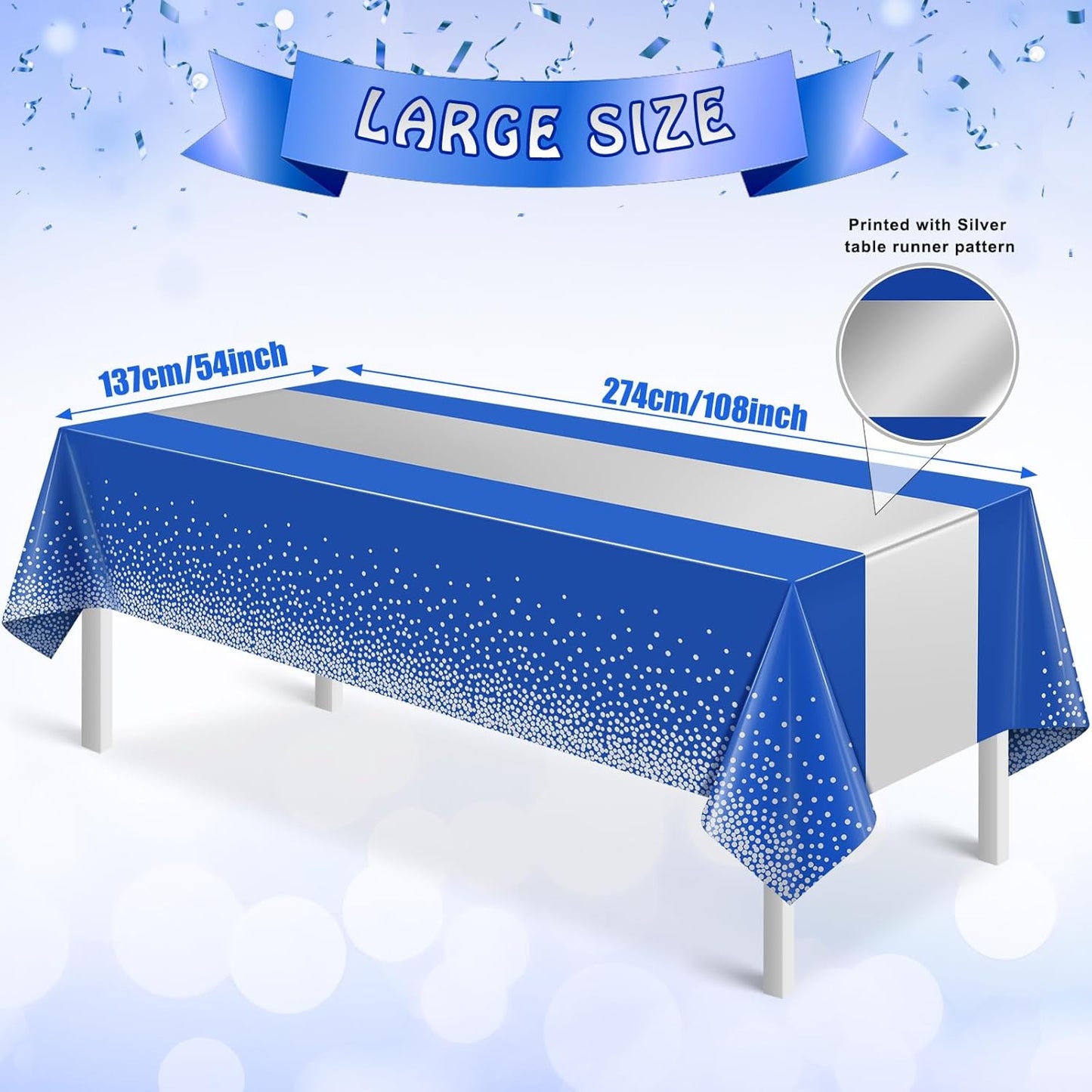 12Pcs Blue Silver Tablecloth Party Decorations,Plastic Royal Blue Table Cloth Printed Silver Table Runner Disposable Rectangle Tables Cover for Anniversary Wedding Graduation 2024 Party,54 x108 Inch