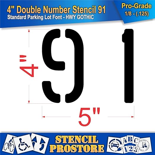 Pavement, Curb, and WheelStop Stencils - 4 inch Double Number Stencil - (91) - 4" x 4" x 1/8" (128 mil) - Pro-Grade