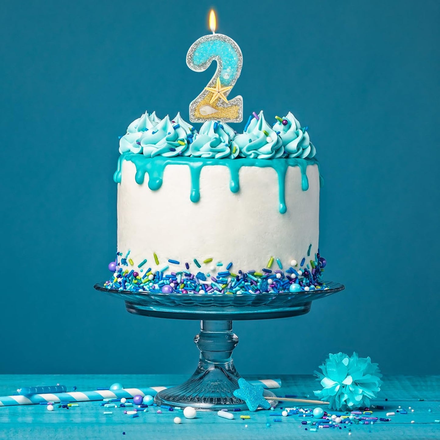 2nd Birthday Candle for Cake, Beach Starfish Sequins Candles, 2.76 inch Cake Topper Decoration for Birthday Party (Number 2)