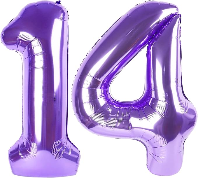 Purple Number 14 Balloon 40 Inch, 14th Birthday Party Decorations for Children, Giant 14 Foil Balloon for Party Supplies
